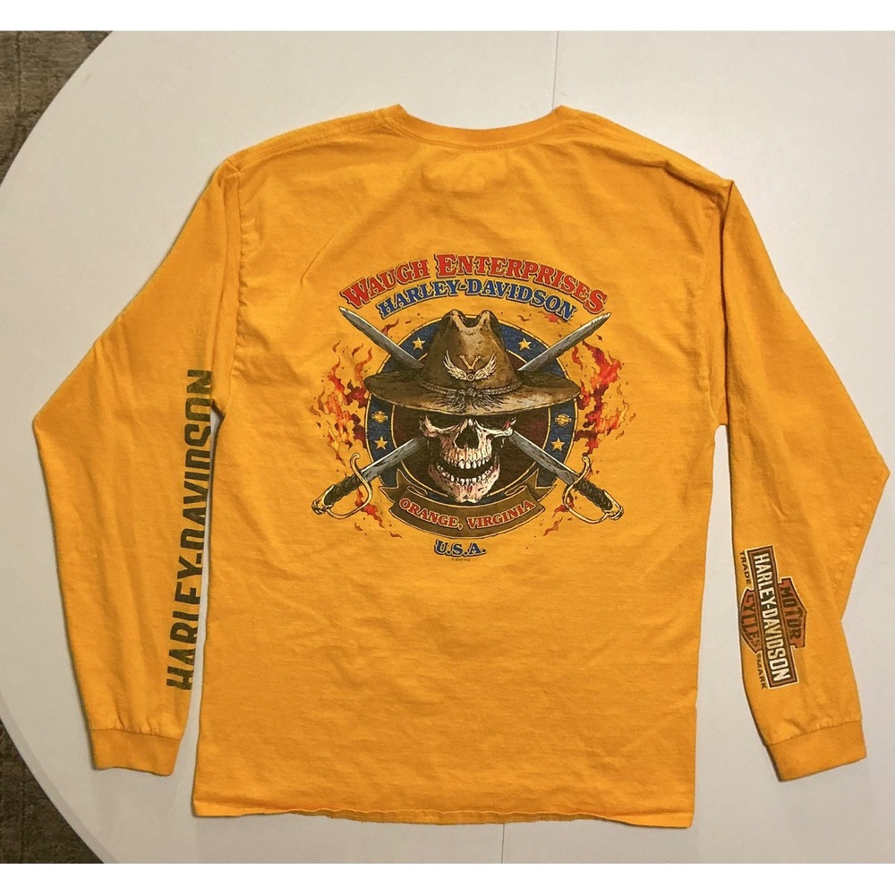 Harley Davidson Long Sleeve Shirt Biker Grunge Flames Skull Sleeve Hits Mens L